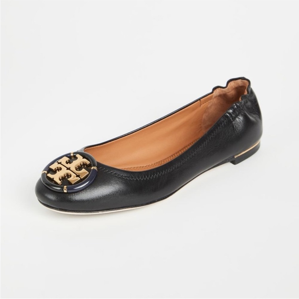 Tory Burch Enamel Logo leather ballet flats perfect black gold heal detail